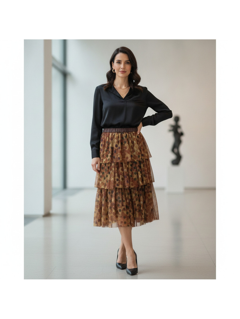 Lilith Tiered Polka Dot Abstract Print Skirt with Elastic Waistband Medium